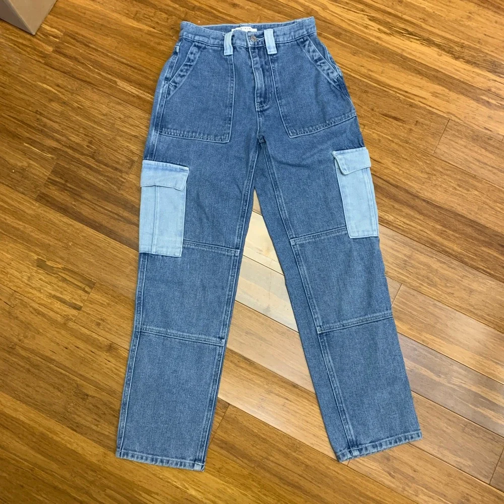 Pacsun Denim Cargo Pants Women Size 23 Two Tone Pockets High Waist Jeans Utility